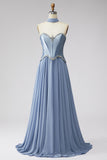 Sparkly Dusty Blue Corset Chiffon Long Sweetheart Prom Dress with Rhinestones