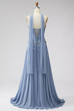 Sparkly Dusty Blue Corset Chiffon Long Sweetheart Prom Dress with Rhinestones
