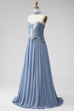 Sparkly Dusty Blue Corset Chiffon Long Sweetheart Prom Dress with Rhinestones