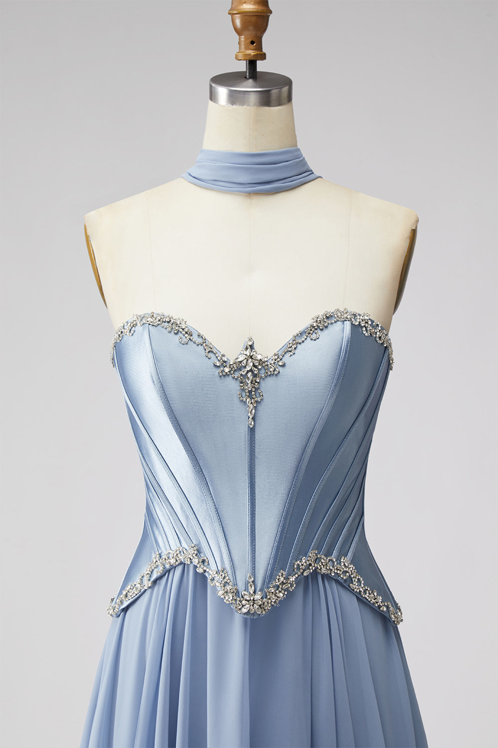 Sparkly Dusty Blue Corset Chiffon Long Sweetheart Prom Dress with Rhinestones