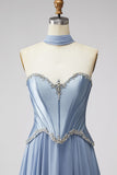 Sparkly Dusty Blue Corset Chiffon Long Sweetheart Prom Dress with Rhinestones