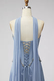 Sparkly Dusty Blue Corset Chiffon Long Sweetheart Prom Dress with Rhinestones
