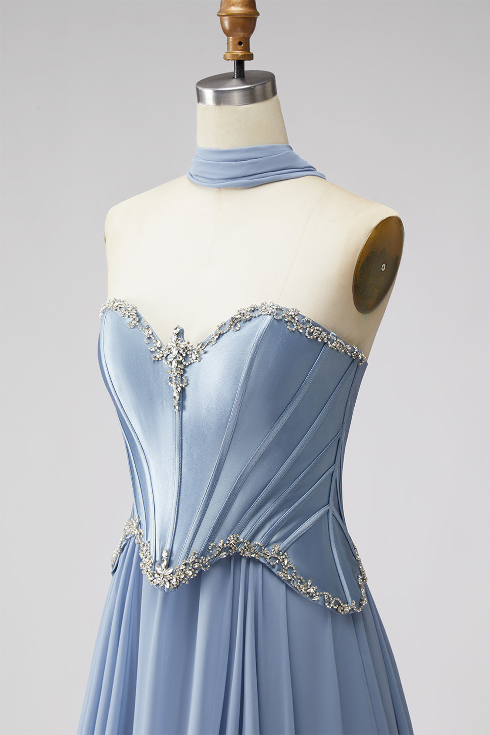 Sparkly Dusty Blue Corset Chiffon Long Sweetheart Prom Dress with Rhinestones
