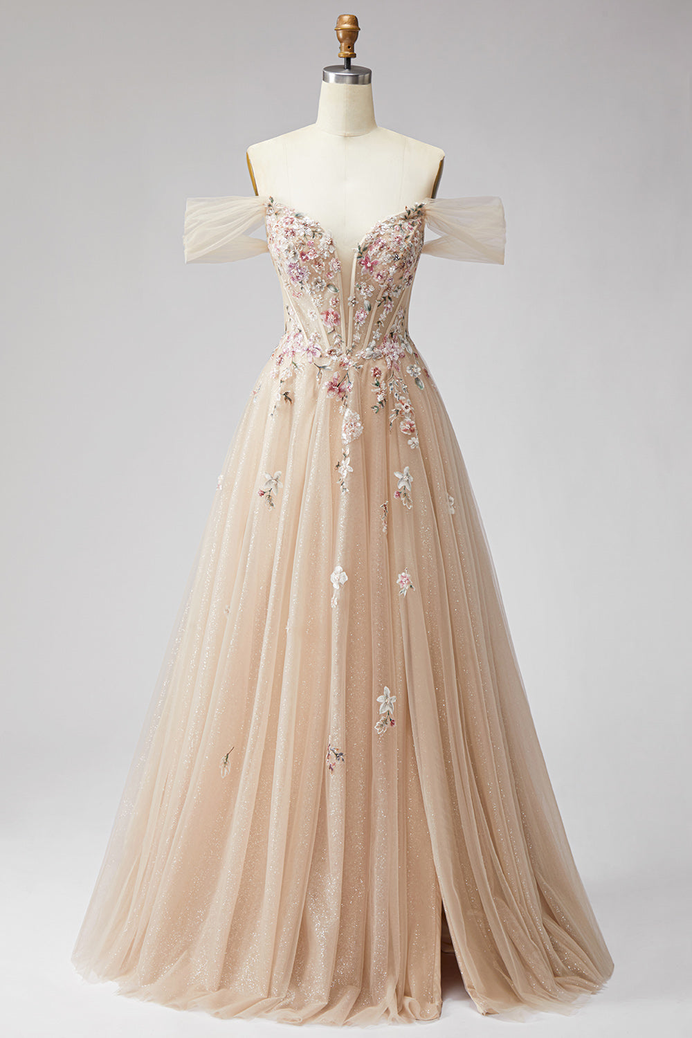 Champagne Floral A Line Beaded Glitter Corset Sequins Long Prom Dress with Slit