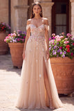 Champagne Floral A Line Beaded Glitter Corset Sequins Long Prom Dress with Slit