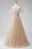 Champagne Floral A Line Beaded Glitter Corset Sequins Long Prom Dress with Slit