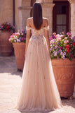 Champagne Floral A Line Beaded Glitter Corset Sequins Long Prom Dress with Slit