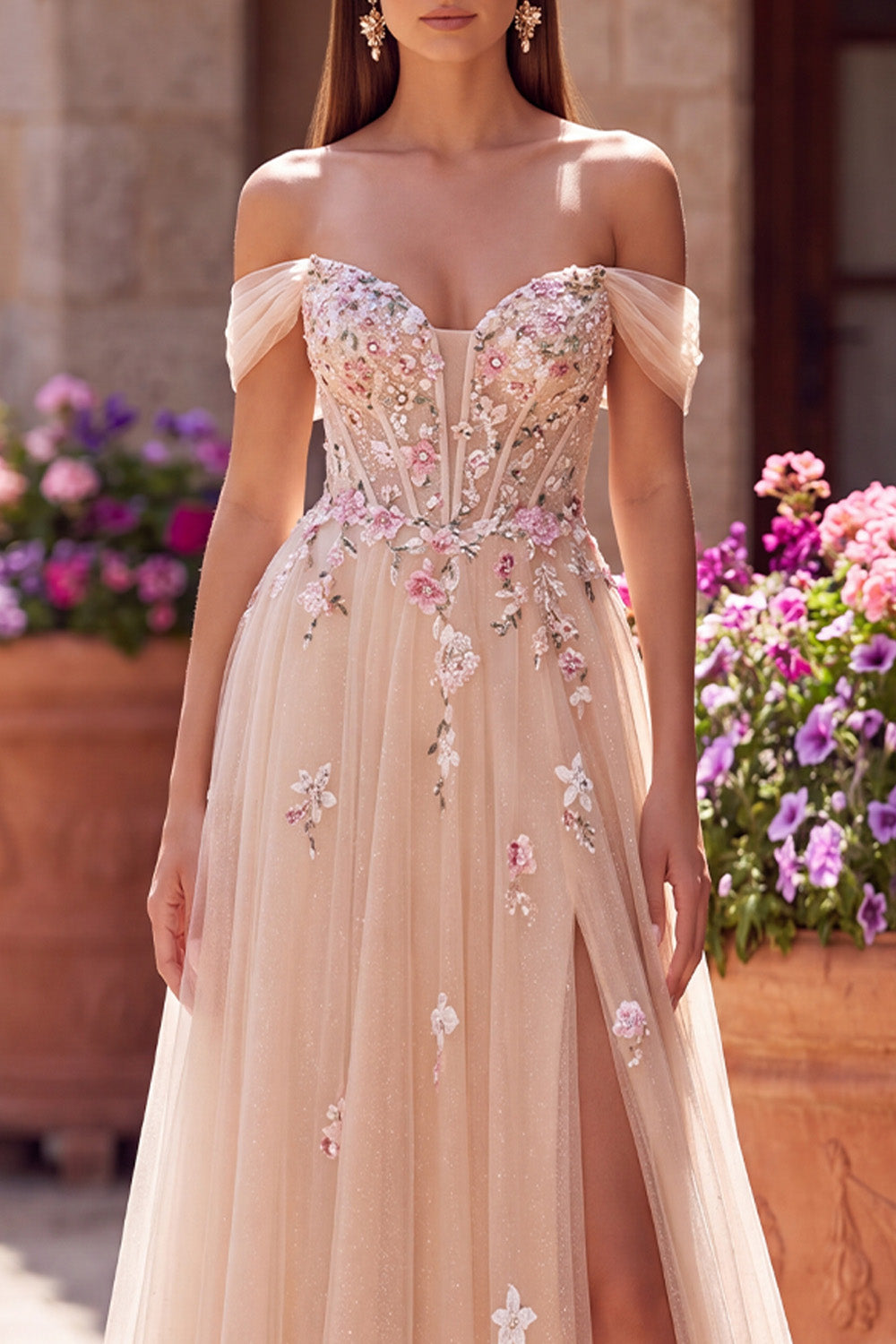 Champagne Floral A Line Beaded Glitter Corset Sequins Long Prom Dress with Slit