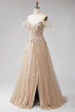 Champagne Floral A Line Beaded Glitter Corset Sequins Long Prom Dress with Slit