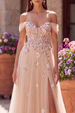 Champagne Floral A Line Beaded Glitter Corset Sequins Long Prom Dress with Slit