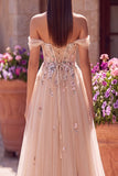 Champagne Floral A Line Beaded Glitter Corset Sequins Long Prom Dress with Slit