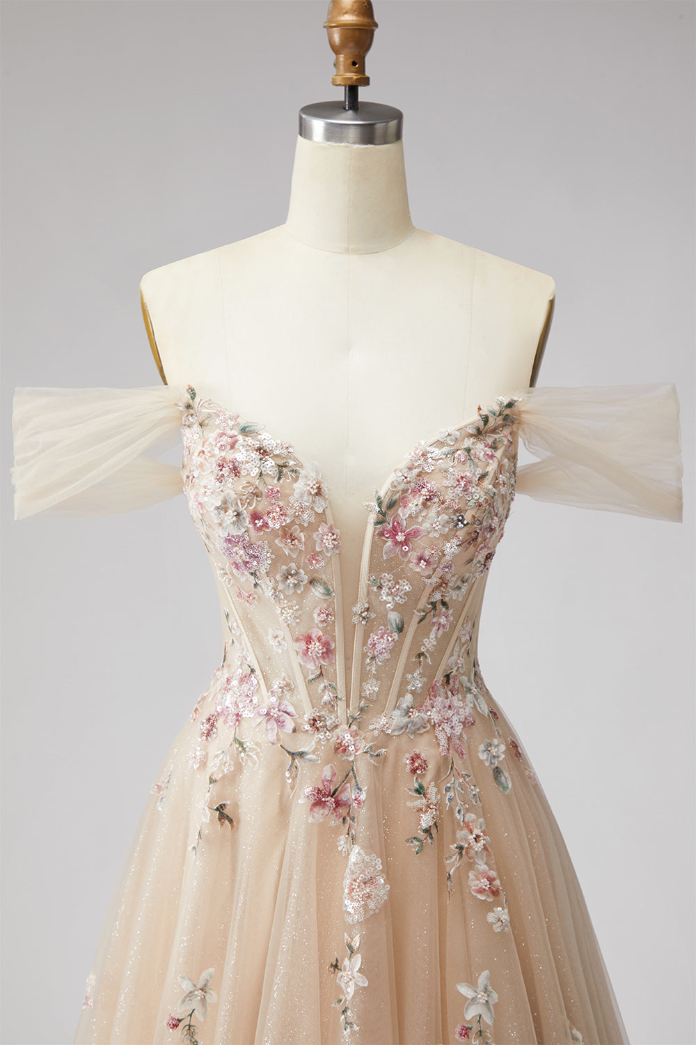 Champagne Floral A Line Beaded Glitter Corset Sequins Long Prom Dress with Slit
