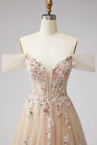 Champagne Floral A Line Beaded Glitter Corset Sequins Long Prom Dress with Slit
