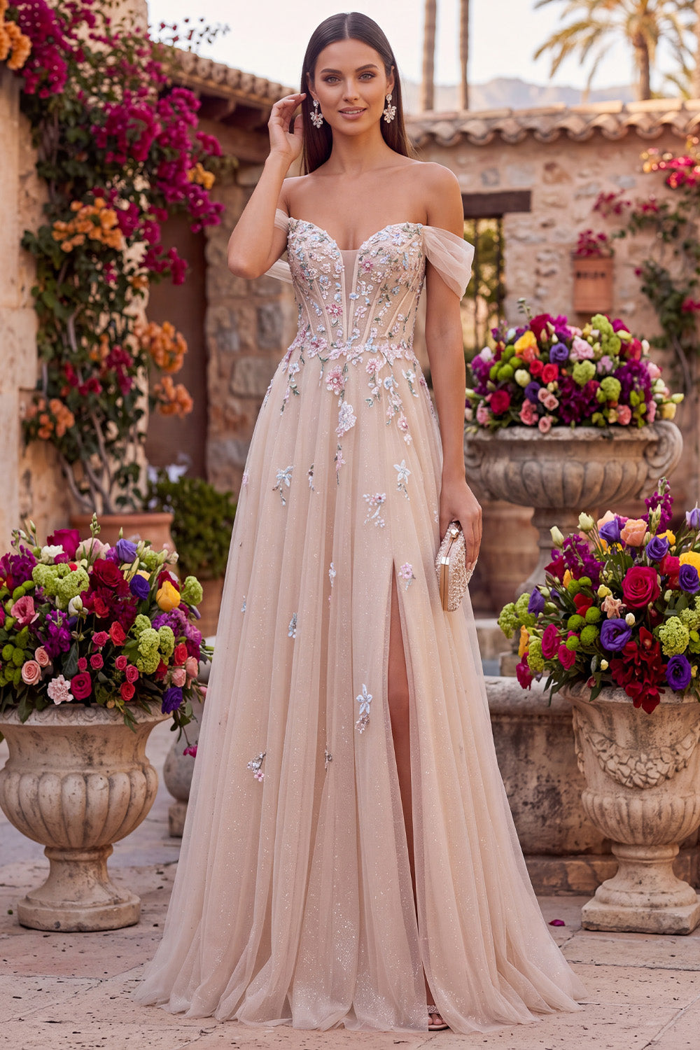 Champagne Floral A Line Beaded Glitter Corset Sequins Long Prom Dress with Slit