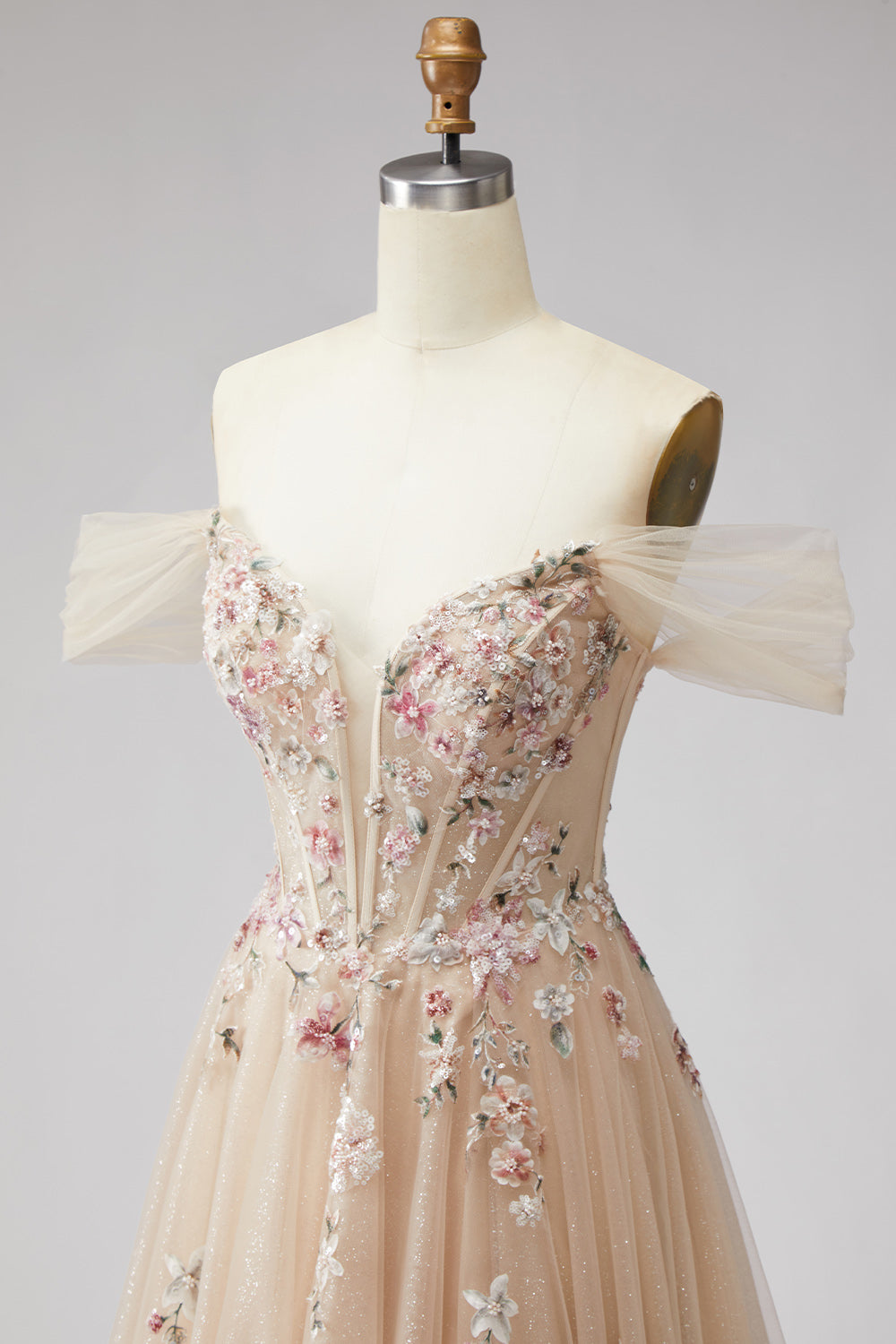 Champagne Floral A Line Beaded Glitter Corset Sequins Long Prom Dress with Slit