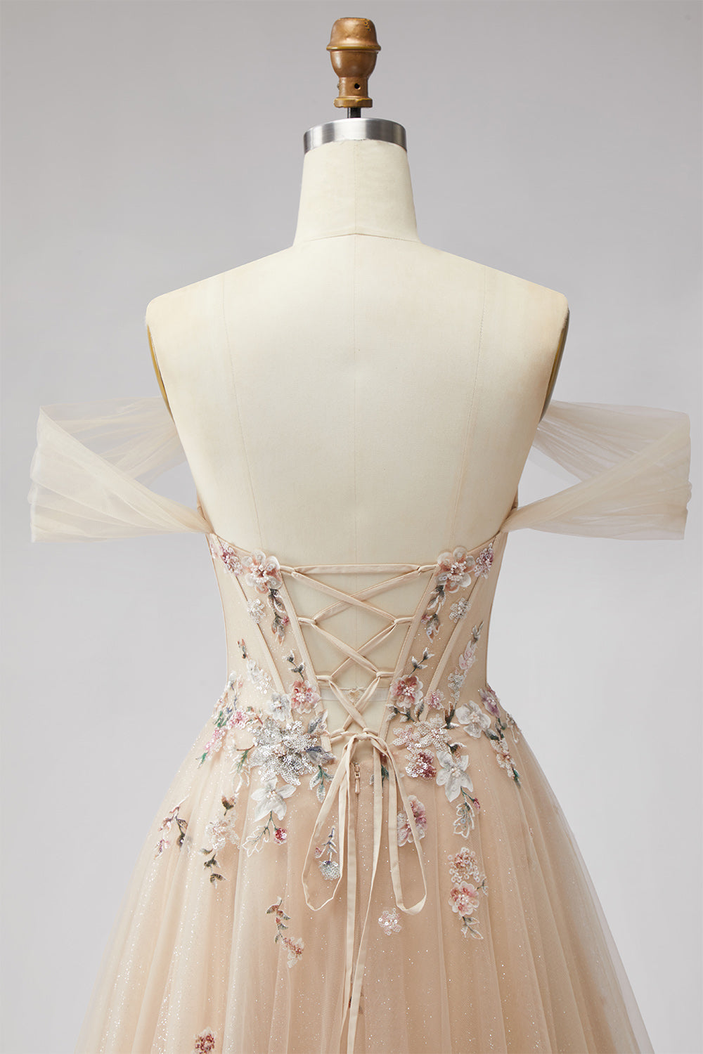 Champagne Floral A Line Beaded Glitter Corset Sequins Long Prom Dress with Slit