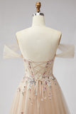 Champagne Floral A Line Beaded Glitter Corset Sequins Long Prom Dress with Slit