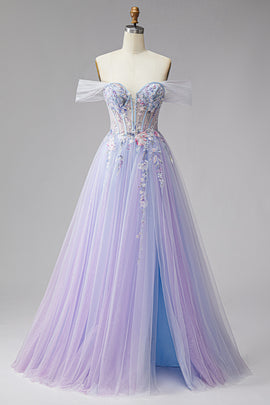 Glitter Lilac Floral A Line Corset Off the Shoulder Tulle Long Prom Dress with Slit