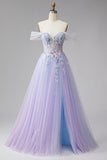 Glitter Lilac Floral A Line Corset Off the Shoulder Tulle Long Prom Dress with Slit