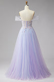 Glitter Lilac Floral A Line Corset Off the Shoulder Tulle Long Prom Dress with Slit