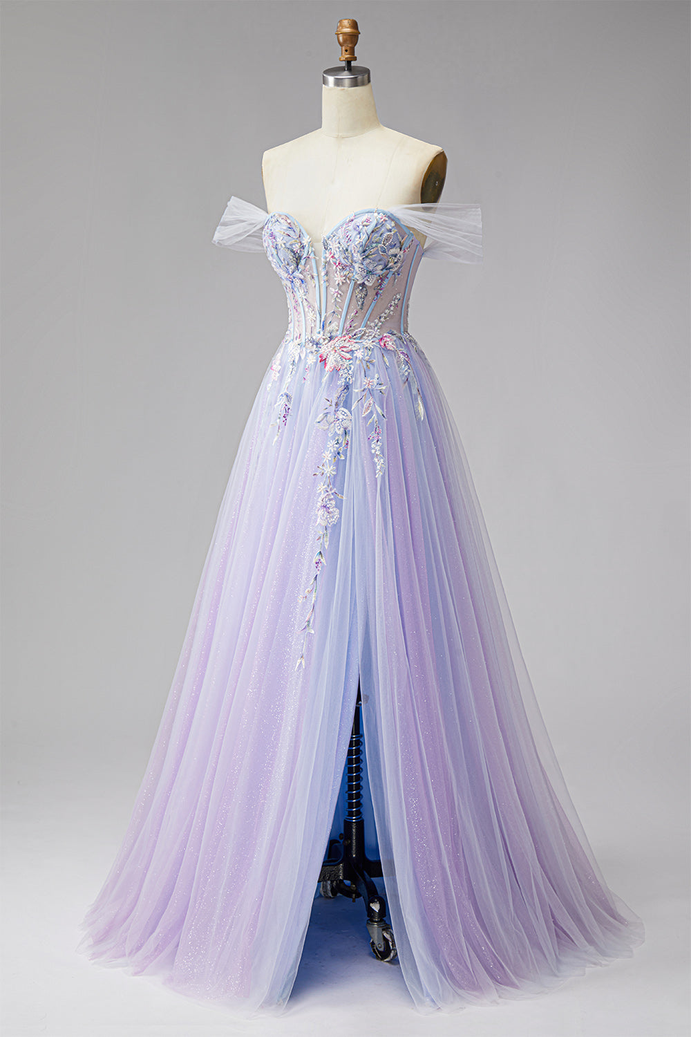 Glitter Lilac Floral A Line Corset Off the Shoulder Tulle Long Prom Dress with Slit