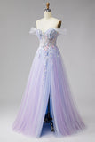 Glitter Lilac Floral A Line Corset Off the Shoulder Tulle Long Prom Dress with Slit