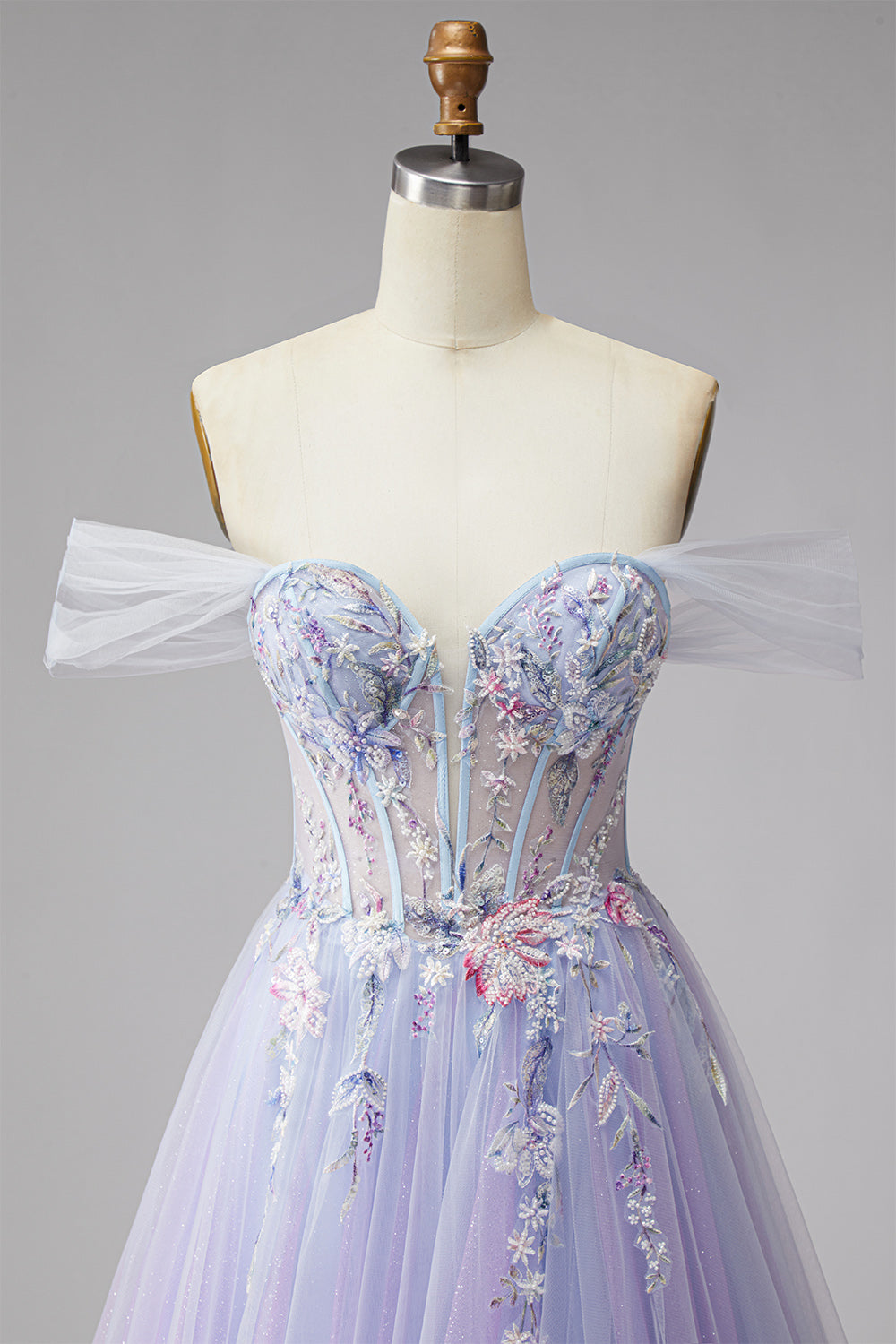 Glitter Lilac Floral A Line Corset Off the Shoulder Tulle Long Prom Dress with Slit