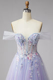 Glitter Lilac Floral A Line Corset Off the Shoulder Tulle Long Prom Dress with Slit