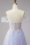 Glitter Lilac Floral A Line Corset Off the Shoulder Tulle Long Prom Dress with Slit