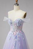 Glitter Lilac Floral A Line Corset Off the Shoulder Tulle Long Prom Dress with Slit