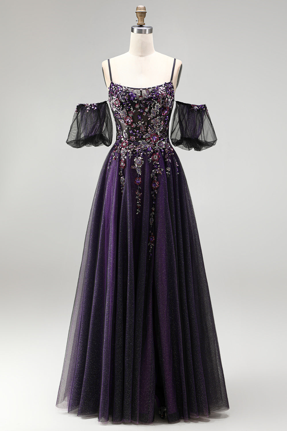 Sparkly Dark Purple A-Line Beaded Floral Corset Long Prom Dress with Sleeves