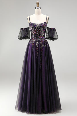 Sparkly Dark Purple A-Line Beaded Floral Corset Long Prom Dress with Sleeves