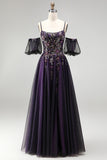 Sparkly Dark Purple A-Line Beaded Floral Corset Long Prom Dress with Sleeves