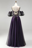 Sparkly Dark Purple A-Line Beaded Floral Corset Long Prom Dress with Sleeves