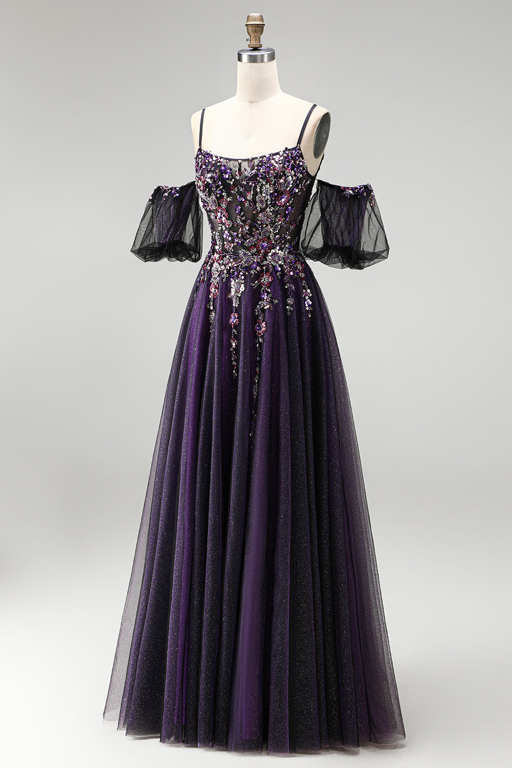 Sparkly Dark Purple A-Line Beaded Floral Corset Long Prom Dress with Sleeves