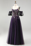 Sparkly Dark Purple A-Line Beaded Floral Corset Long Prom Dress with Sleeves