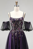Sparkly Dark Purple A-Line Beaded Floral Corset Long Prom Dress with Sleeves