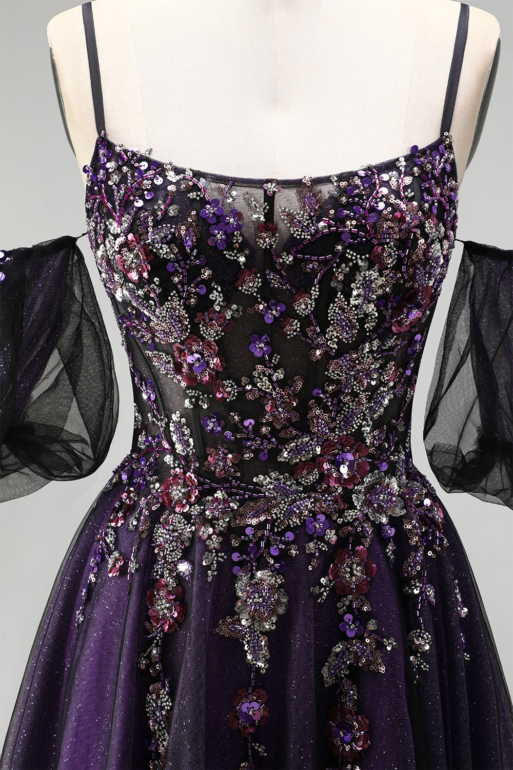 Sparkly Dark Purple A-Line Beaded Floral Corset Long Prom Dress with Sleeves