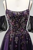 Sparkly Dark Purple A-Line Beaded Floral Corset Long Prom Dress with Sleeves