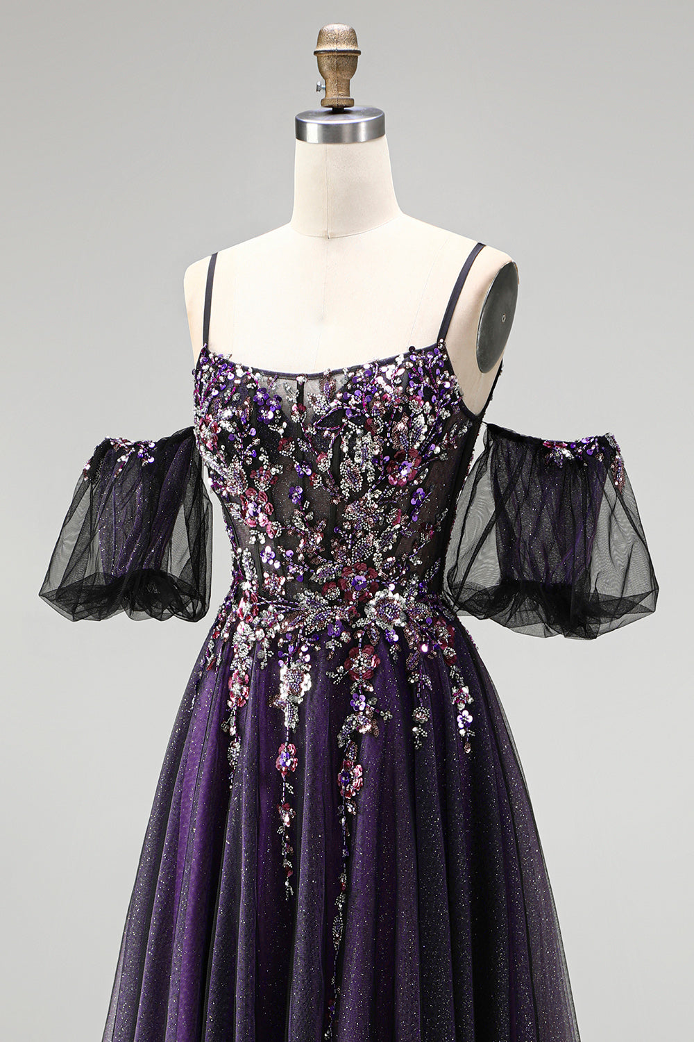 Sparkly Dark Purple A-Line Beaded Floral Corset Long Prom Dress with Sleeves