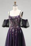 Sparkly Dark Purple A-Line Beaded Floral Corset Long Prom Dress with Sleeves