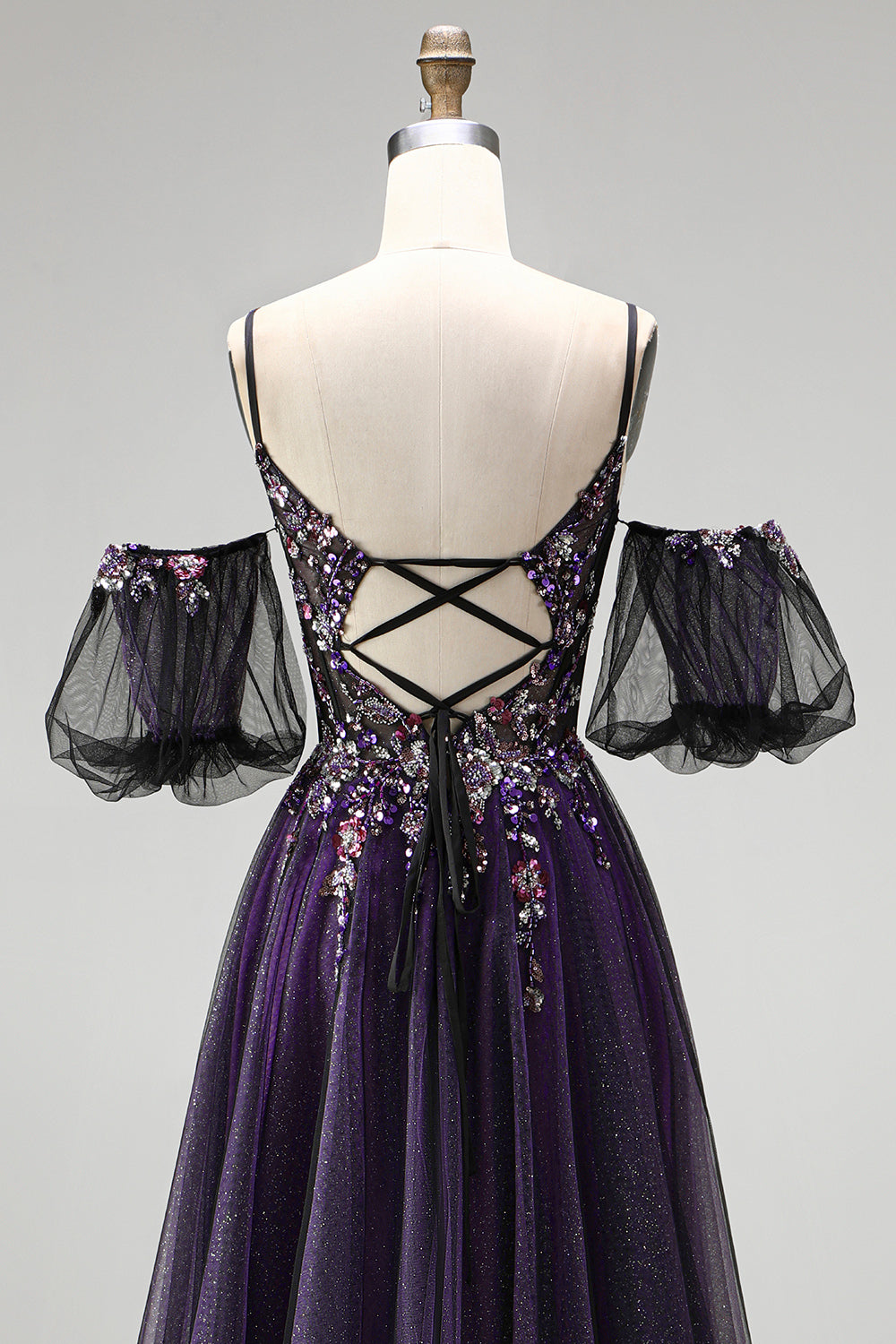 Sparkly Dark Purple A-Line Beaded Floral Corset Long Prom Dress with Sleeves