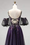 Sparkly Dark Purple A-Line Beaded Floral Corset Long Prom Dress with Sleeves