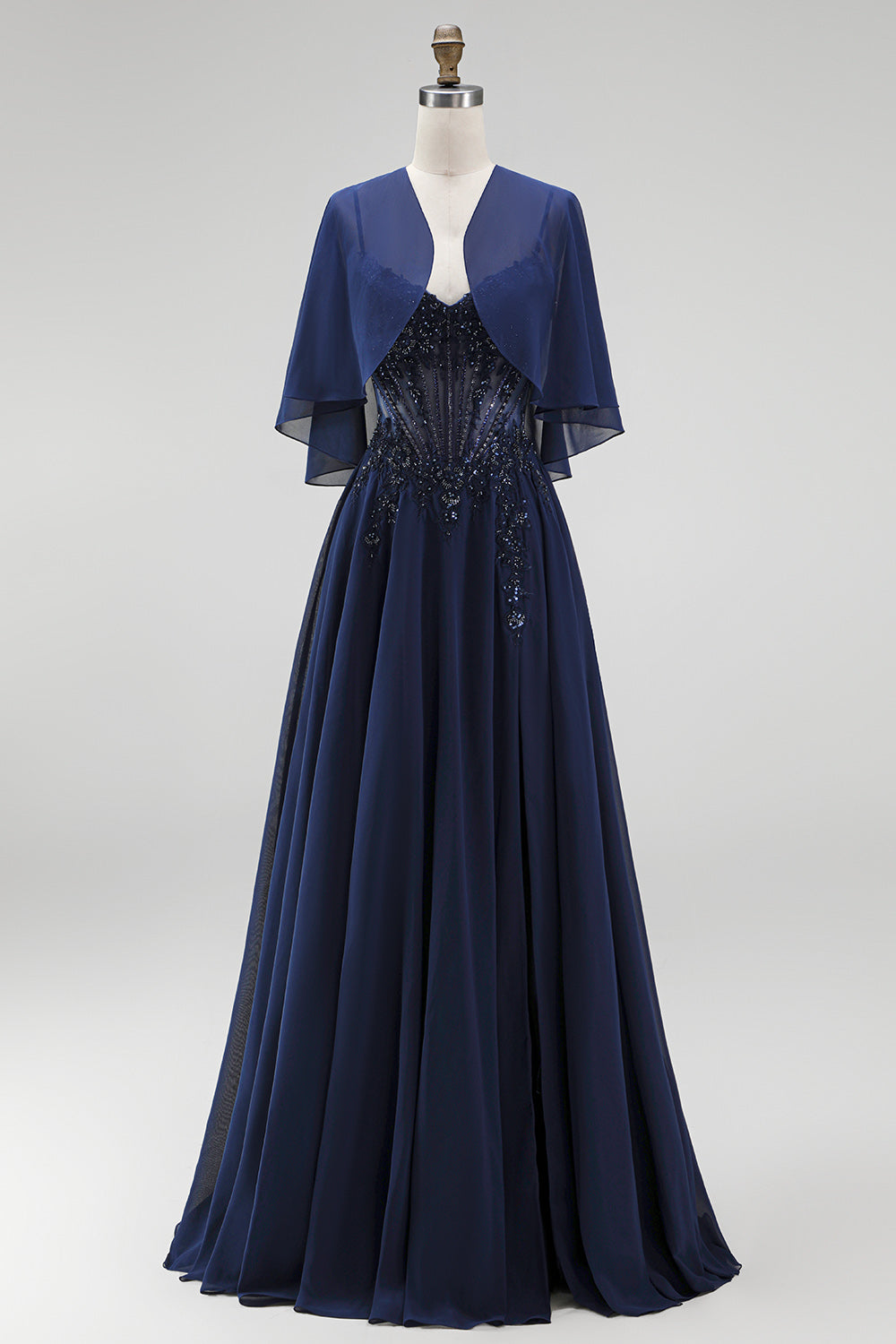 Navy 2 Piece A Line Beaded Long Chiffon Beach Mother of the Bride Dress with Jacket
