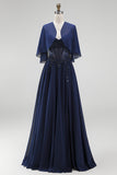Navy 2 Piece A Line Beaded Long Chiffon Beach Mother of the Bride Dress with Jacket
