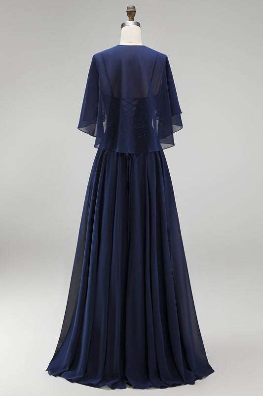 Navy 2 Piece A Line Beaded Corset Long Chiffon Beach Mother of the Bride Dress with Shawl