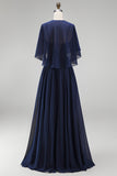 Navy 2 Piece A Line Beaded Long Chiffon Beach Mother of the Bride Dress with Jacket