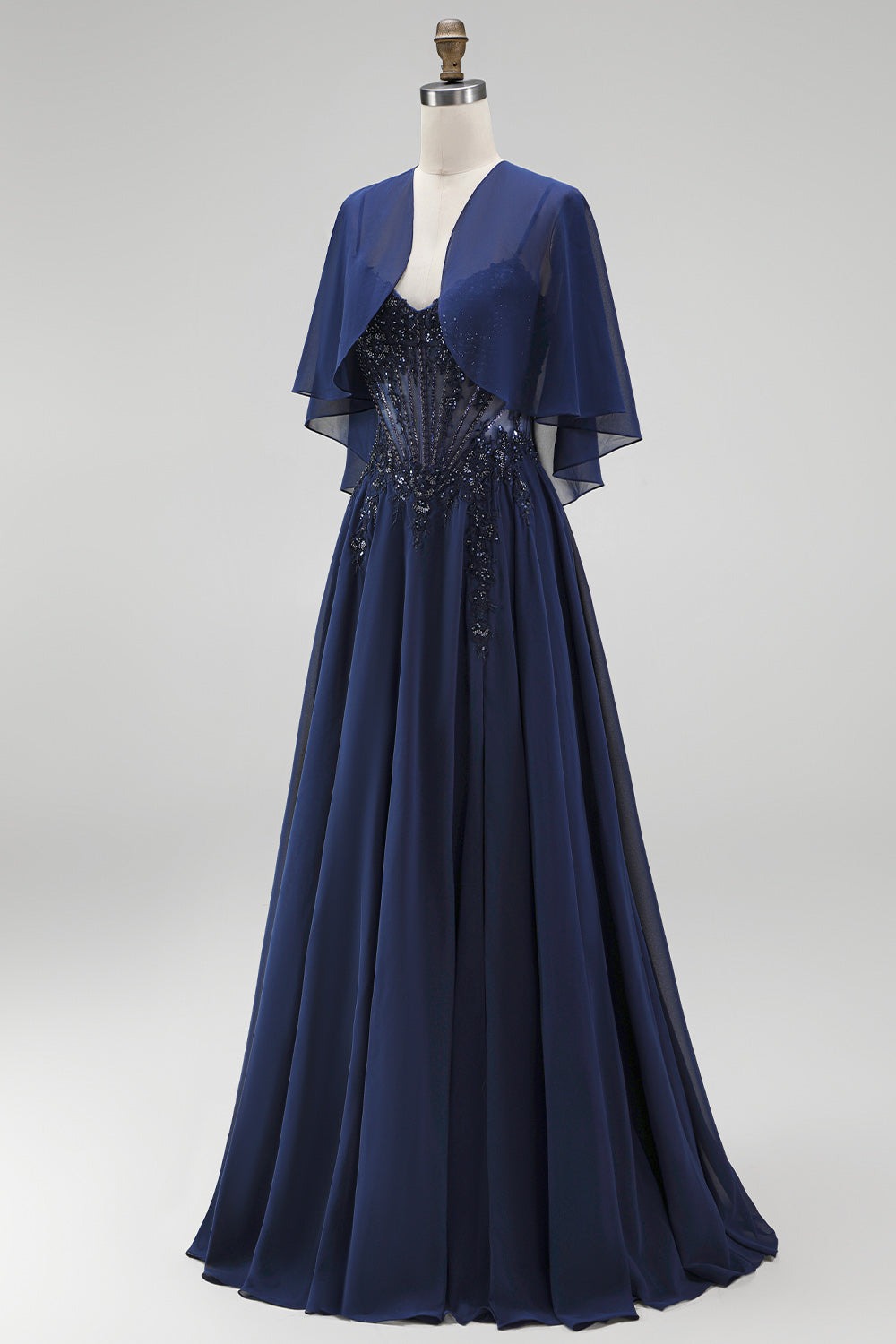 Navy 2 Piece A Line Beaded Long Chiffon Beach Mother of the Bride Dress with Jacket