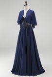 Navy 2 Piece A Line Beaded Long Chiffon Beach Mother of the Bride Dress with Jacket