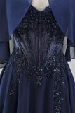 Navy 2 Piece A Line Beaded Long Chiffon Beach Mother of the Bride Dress with Jacket